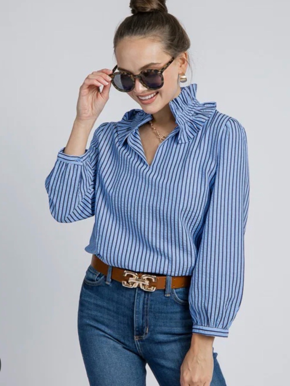 NWT Karlie blue striped ruffle long sleeve blouse, size M